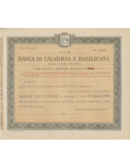 BANCA DI CALABRIA E BASILICATA - BUONO FRUTTIFERO 500 LIRE 1927