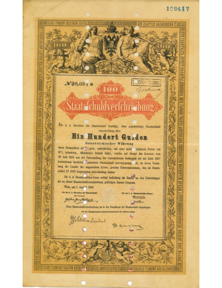 1868 - STAATSSCHULDVERSCHREIBUNG 100 GULDEN - WIEN
