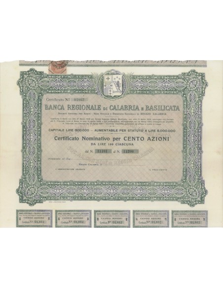 BANCA REGIONALE DI CALABRIA E BASILICATA - 100 AZIONI REGGIO C. 1926