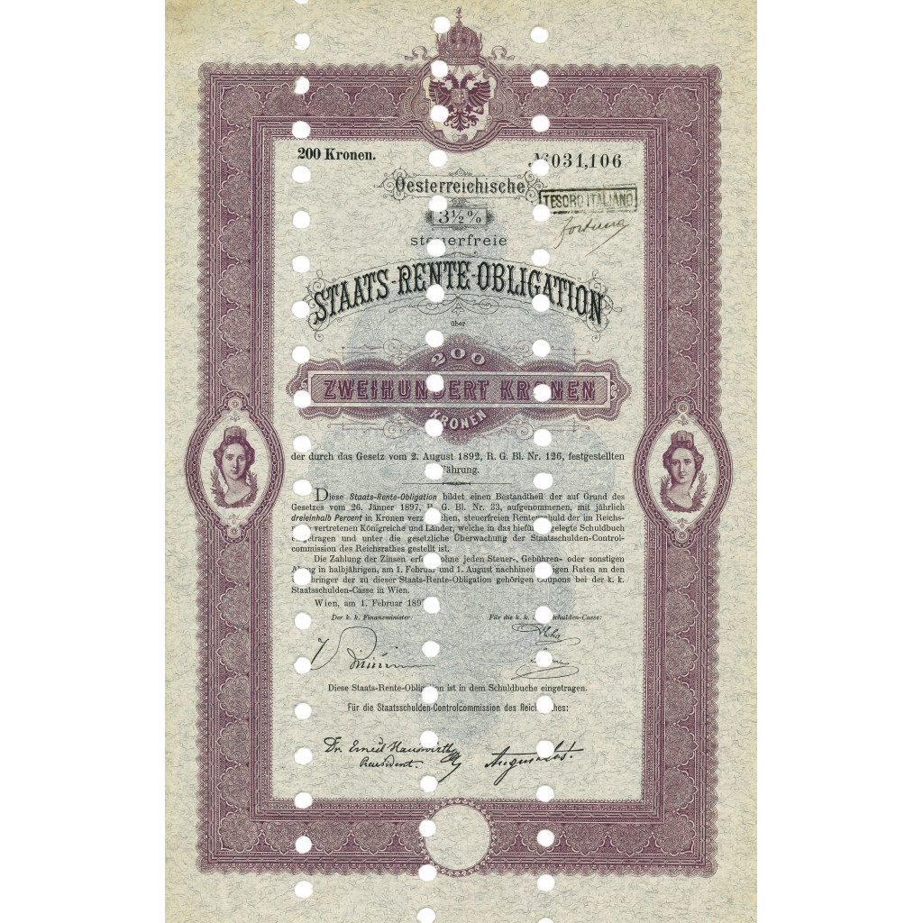 1897 - STAATS RENTE OBLIGATION 200 KRONEN