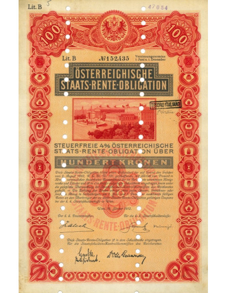 1912 - STAATS RENTE OBLIGATION 100 KRONEN
