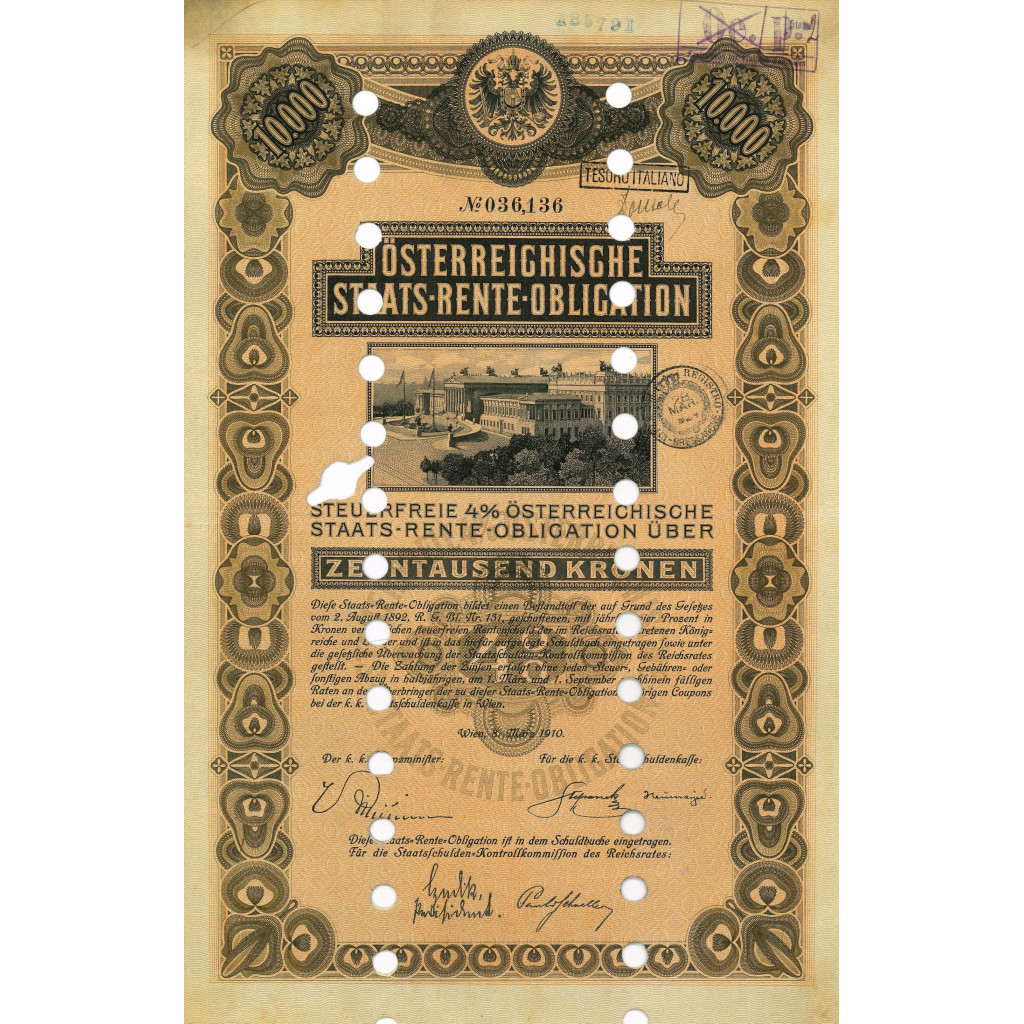 1910 - STAATS RENTE OBLIGATION 10000 KRONEN
