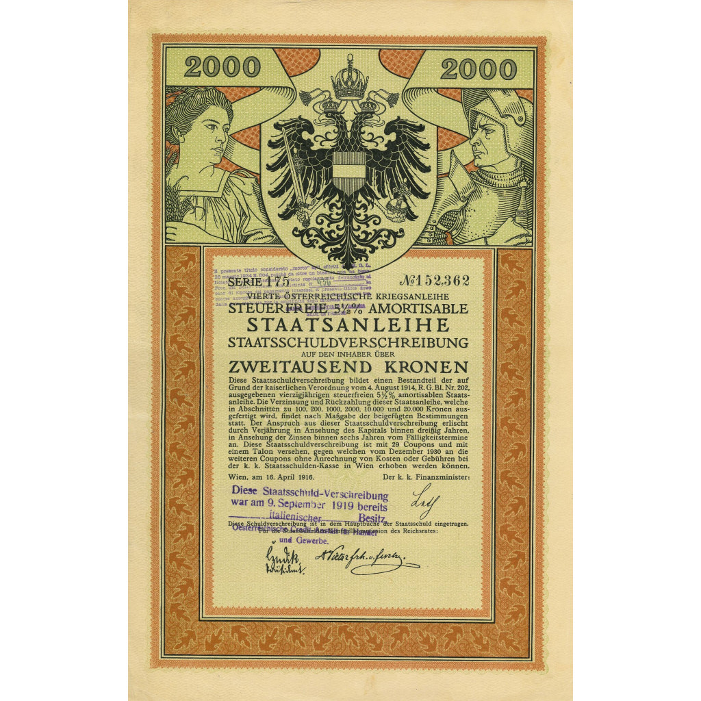 OSTERREICHISCHE STAATSANLEIHE 2000 KRONEN - 1916