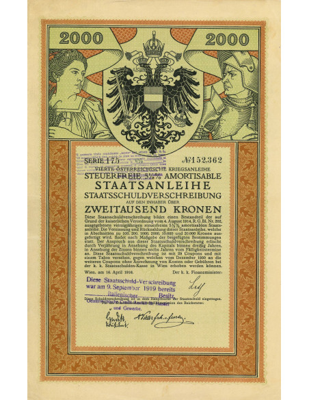 OSTERREICHISCHE STAATSANLEIHE 2000 KRONEN - 1916