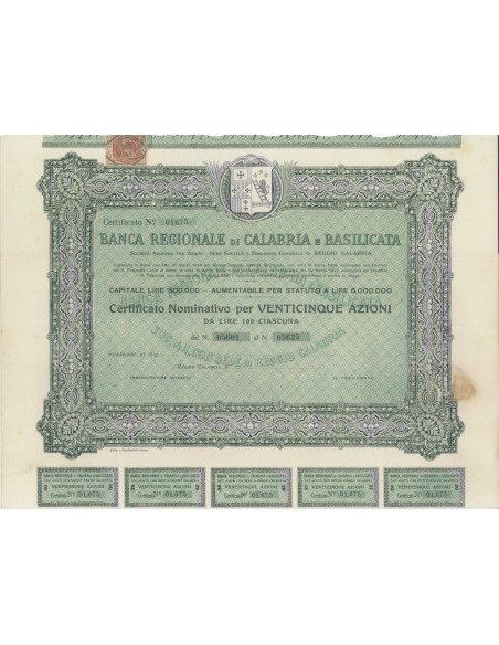 BANCA REGIONALE DI CALABRIA E BASILICATA - 25 AZIONI REGGIO C. 1926