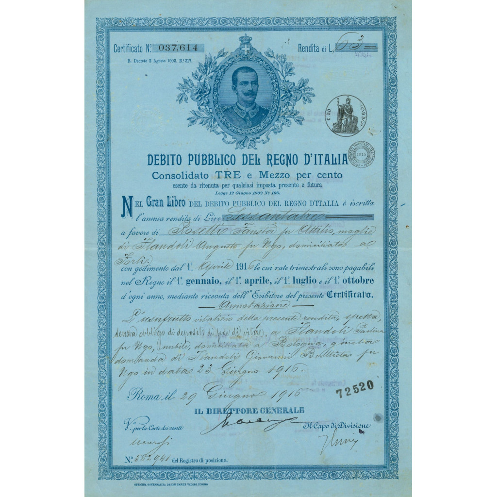 1916 - CERTIFICATO CONSOLIDATO 3,5% - DEB....