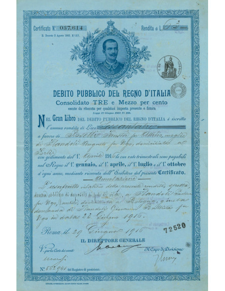 1916 - CERTIFICATO CONSOLIDATO 3,5% - DEB. PUBBLICO REGNO D'ITALIA - ROMA