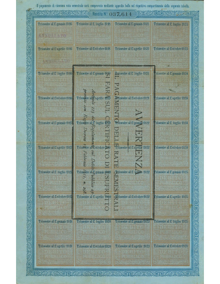 1916 - CERTIFICATO CONSOLIDATO 3,5% - DEB. PUBBLICO REGNO D'ITALIA - ROMA