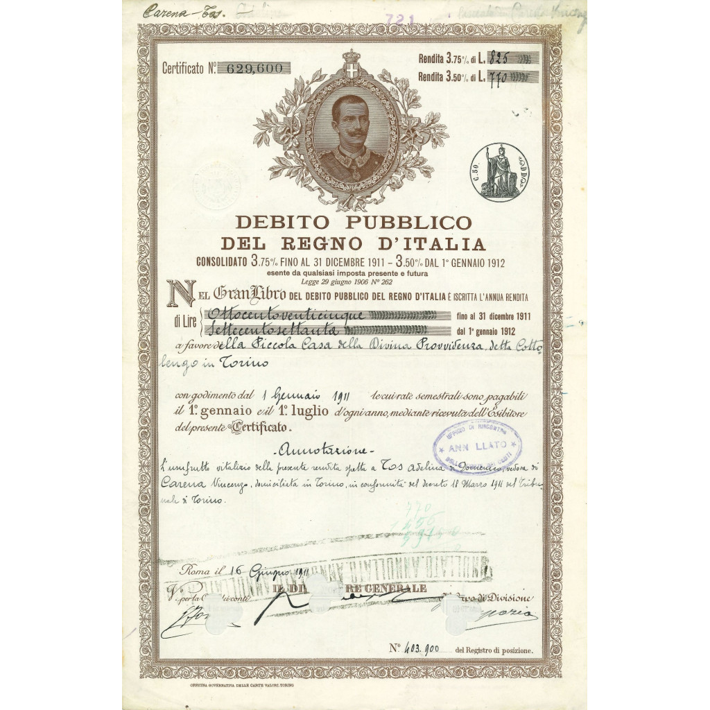 1911 - CERTIFICATO 3,75% - DEB. PUBBLICO REGNO...