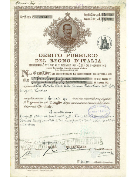 1911 - CERTIFICATO 3,75% - DEB. PUBBLICO REGNO D'ITALIA - ROMA