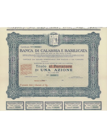BANCA REGIONALE DI CALABRIA E BASILICATA - 1 AZIONE REGGIO C. 1926