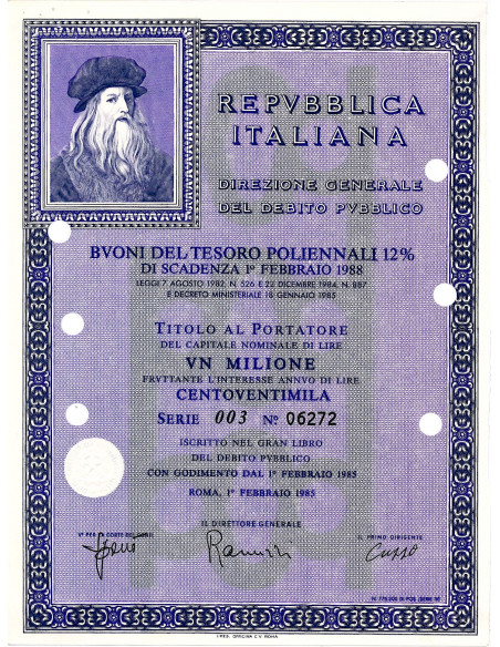 1985 - BUONO DEL TESORO POLIENNALE 12% - 1 MILIONE - (Leonardo Da Vinci)