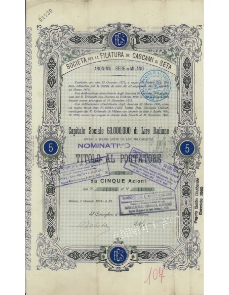 SOC. PER LA FILATURA DEI CASCAMI DI SETA 5 AZIONI MILANO 1933