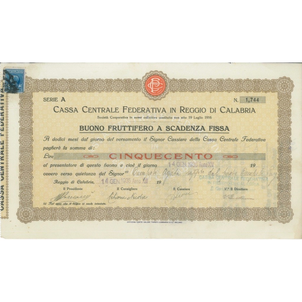 CASSA CENTR. FEDERATIVA IN REGIO C. - BUONO 500 LIRE 1935