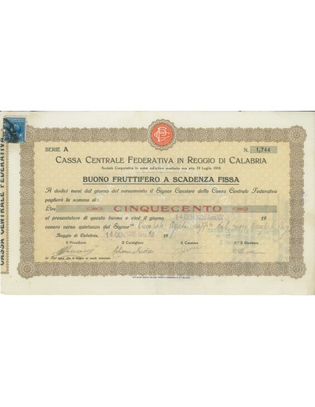 CASSA CENTR. FEDERATIVA IN REGIO C. - BUONO 500 LIRE 1935