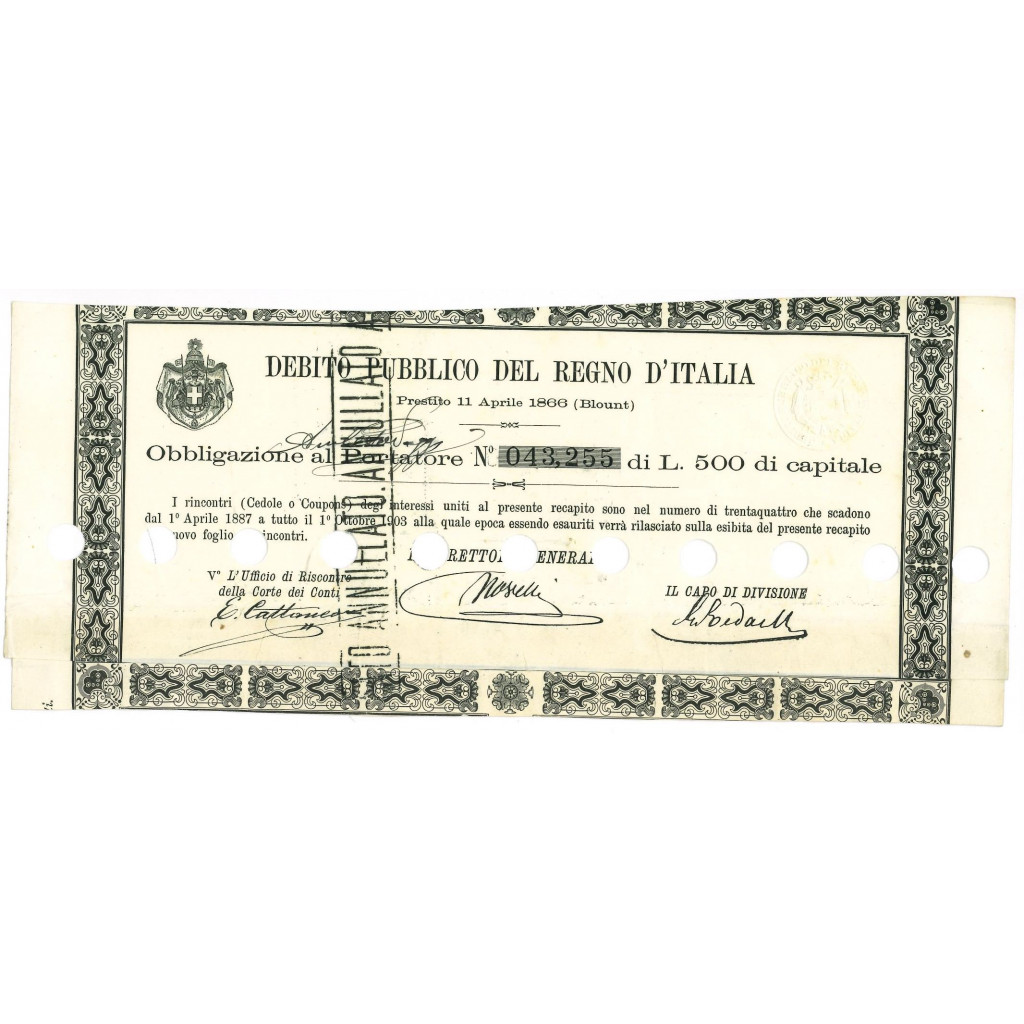 1866 - 1 OBBLIGAZIONE - DEBITO PUBBLICO REGNO...