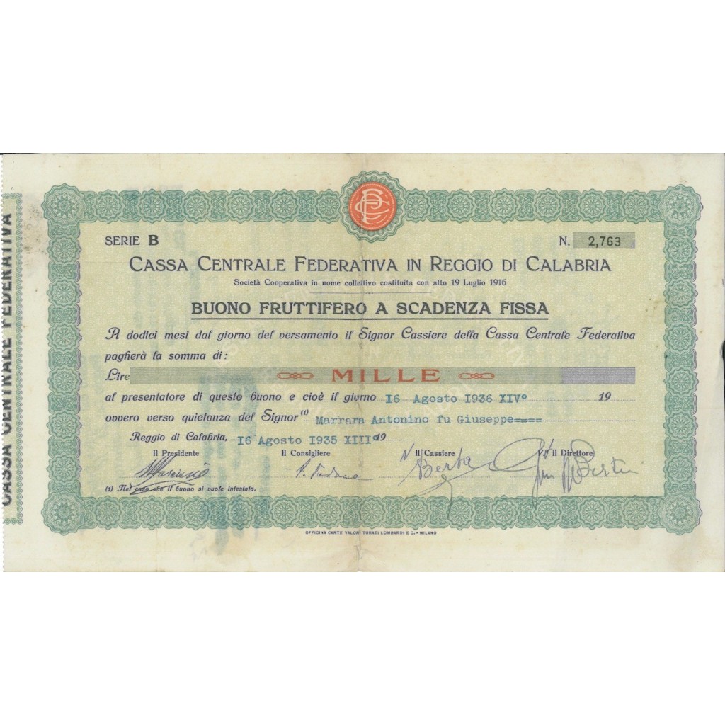 CASSA CENTR. FEDERATIVA IN REGIO C. - BUONO 1000 LIRE 1935