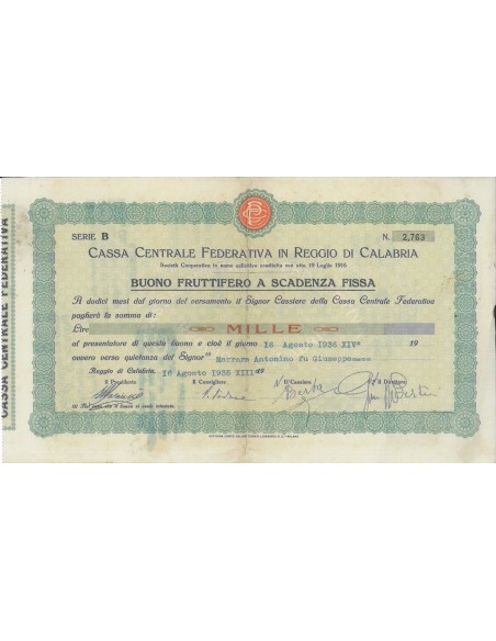 CASSA CENTR. FEDERATIVA IN REGIO C. - BUONO 1000 LIRE 1935