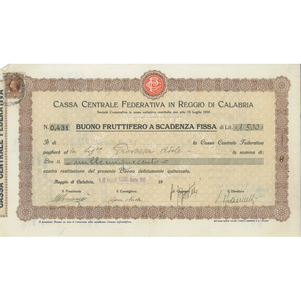 CASSA CENTR. FEDERATIVA IN REGIO C. - BUONO 1500 LIRE 1935