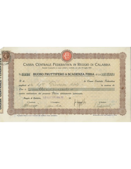 CASSA CENTR. FEDERATIVA IN REGIO C. - BUONO 1500 LIRE 1935