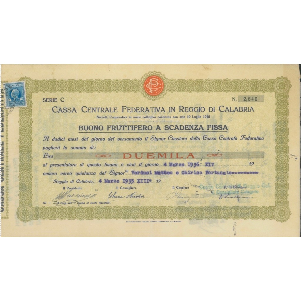 CASSA CENTR. FEDERATIVA IN REGIO C. - BUONO 2000 LIRE 1935