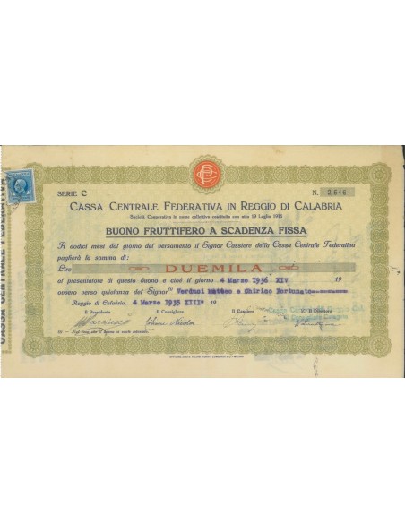 CASSA CENTR. FEDERATIVA IN REGIO C. - BUONO 2000 LIRE 1935
