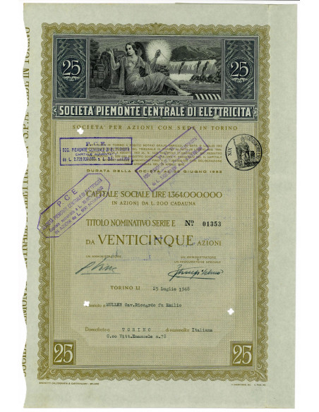 1948 -  SOCIETA' PIEMONTE CENTRALE DI ELETTRICITA' - 25 AZIONI - TORINO