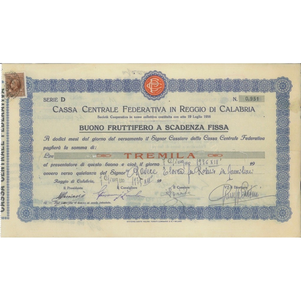 CASSA CENTR. FEDERATIVA IN REGIO C. - BUONO 3000 LIRE 1935