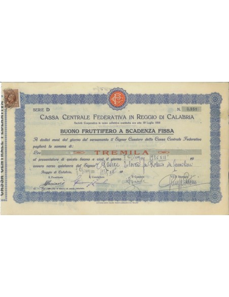 CASSA CENTR. FEDERATIVA IN REGIO C. - BUONO 3000 LIRE 1935