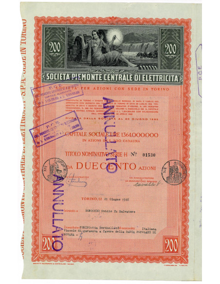1948 -  SOCIETA' PIEMONTE CENTRALE DI ELETTRICITA' - 200 AZIONI - TORINO