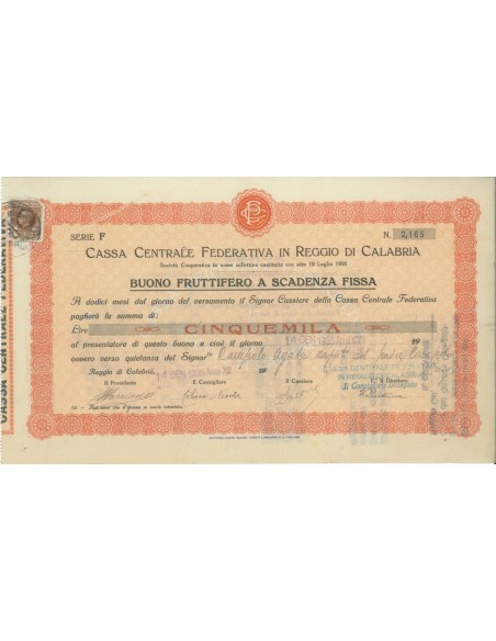 CASSA CENTR. FEDERATIVA IN REGIO C. - BUONO 5000 LIRE 1935