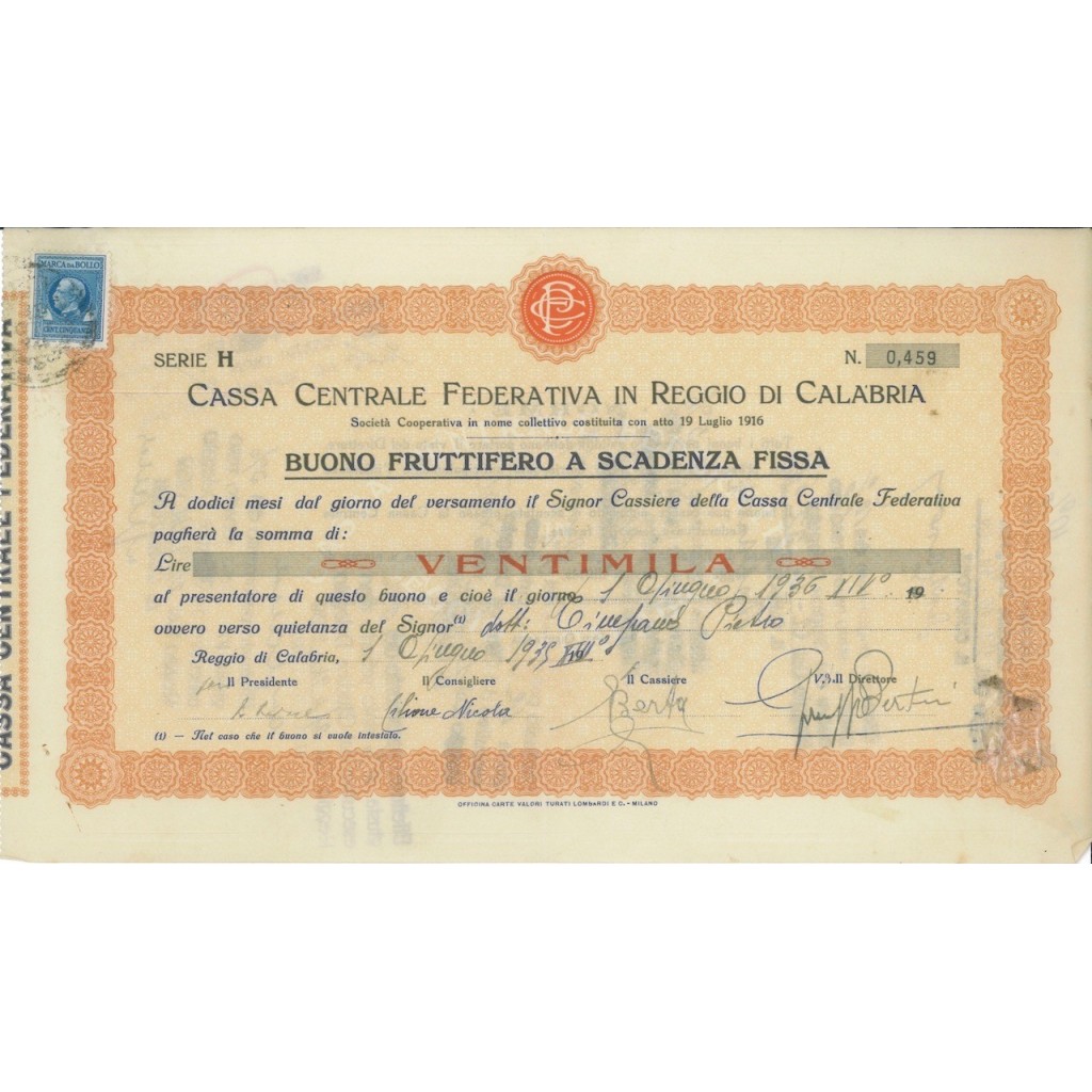 CASSA CENTR. FEDERATIVA IN REGIO C. - BUONO 20000 LIRE 1935
