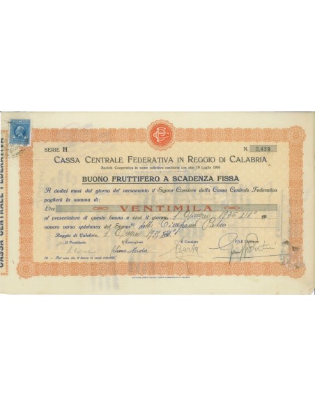 CASSA CENTR. FEDERATIVA IN REGIO C. - BUONO 20000 LIRE 1935