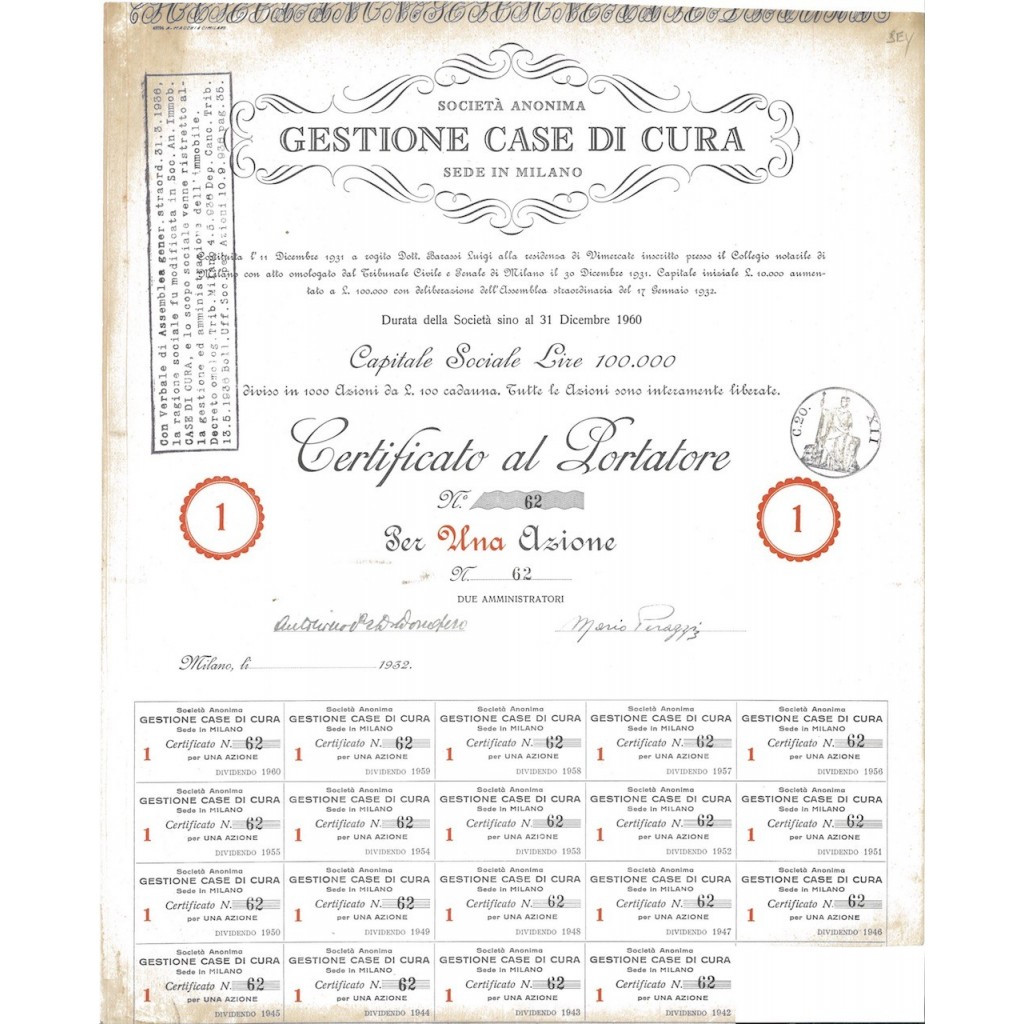 SOC. ANON. GESTIONE CASE DI CURA - UNA AZIONE MILANO 1932