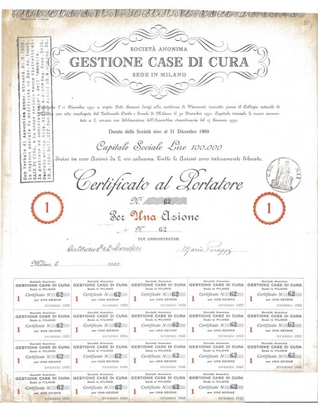 SOC. ANON. GESTIONE CASE DI CURA - UNA AZIONE MILANO 1932
