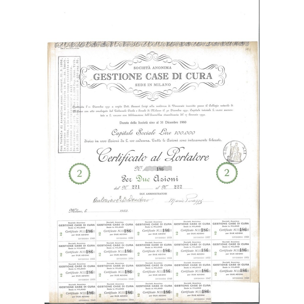 SOC. ANON. GESTIONE CASE DI CURA - 2 AZIONI MILANO 1932
