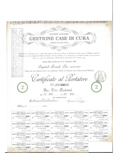 SOC. ANON. GESTIONE CASE DI CURA - 2 AZIONI MILANO 1932