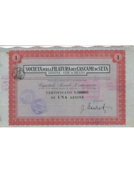 SOC. PER LA FILATURA DEI CASCAMI DI SETA 1 AZIONE MILANO 1959
