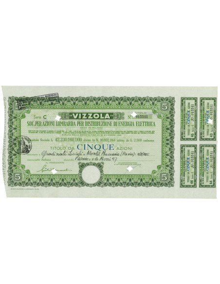 1963 - VIZZOLA SOC. PER AZIONI PER LA DISTRIBUZIONE DI ENERGIA ELETTRICA - 5 AZIONI - MILANO