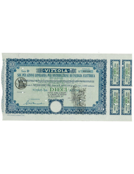 1961 - VIZZOLA SOC. PER AZIONI PER LA DISTRIBUZIONE DI ENERGIA ELETTRICA - 10 AZIONI - MILANO