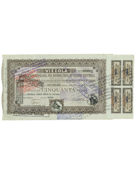 1954 - VIZZOLA SOC. PER AZIONI PER LA DISTRIBUZIONE DI ENERGIA ELETTRICA - 50 AZIONI - MILANO
