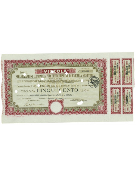 1958 - VIZZOLA SOC. PER AZIONI PER LA DISTRIBUZIONE DI ENERGIA ELETTRICA - 500 AZIONI - MILANO