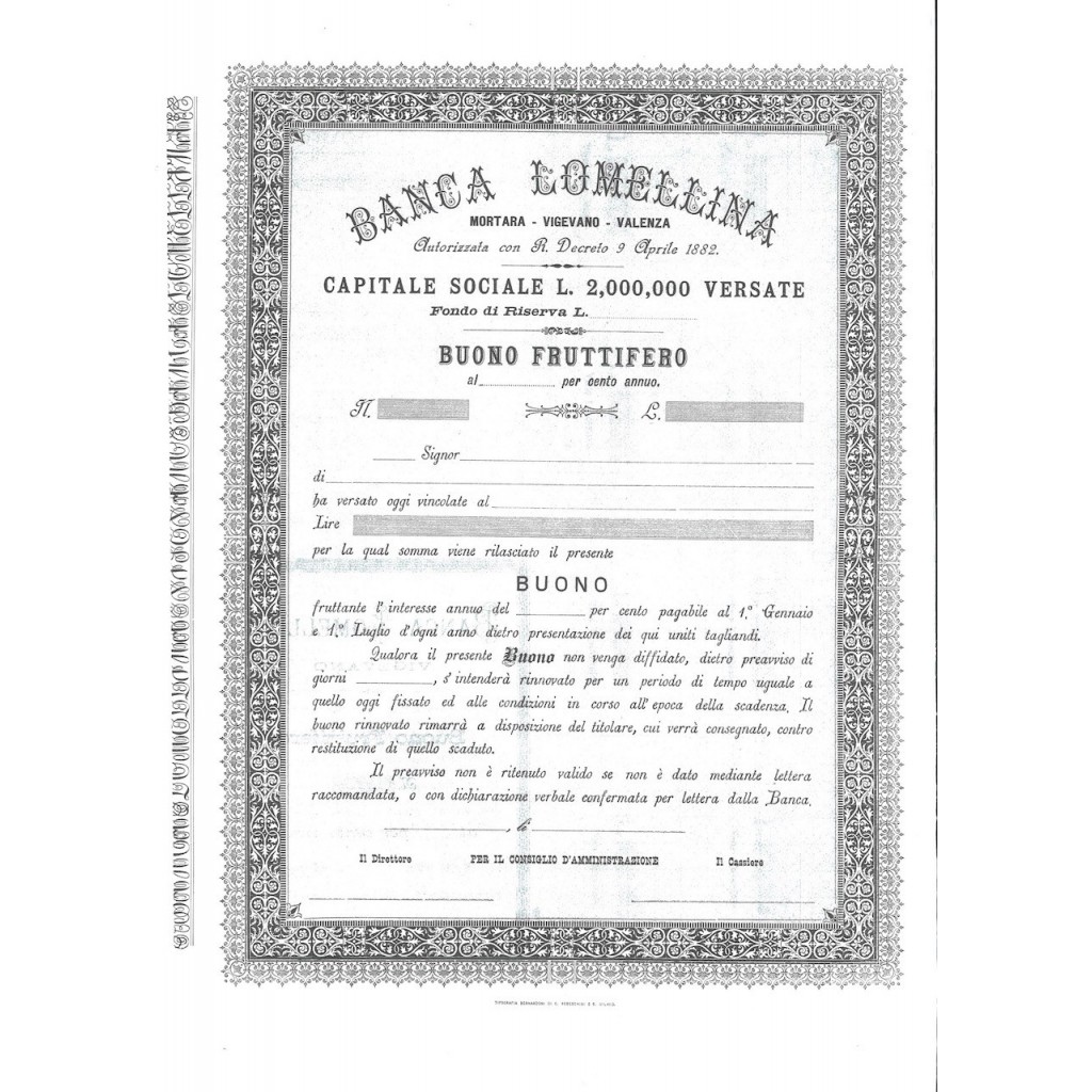 BANCA LOMELLINA - BUONO FRUTTIFERO - 1882