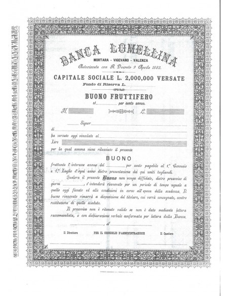 BANCA LOMELLINA - BUONO FRUTTIFERO - 1882