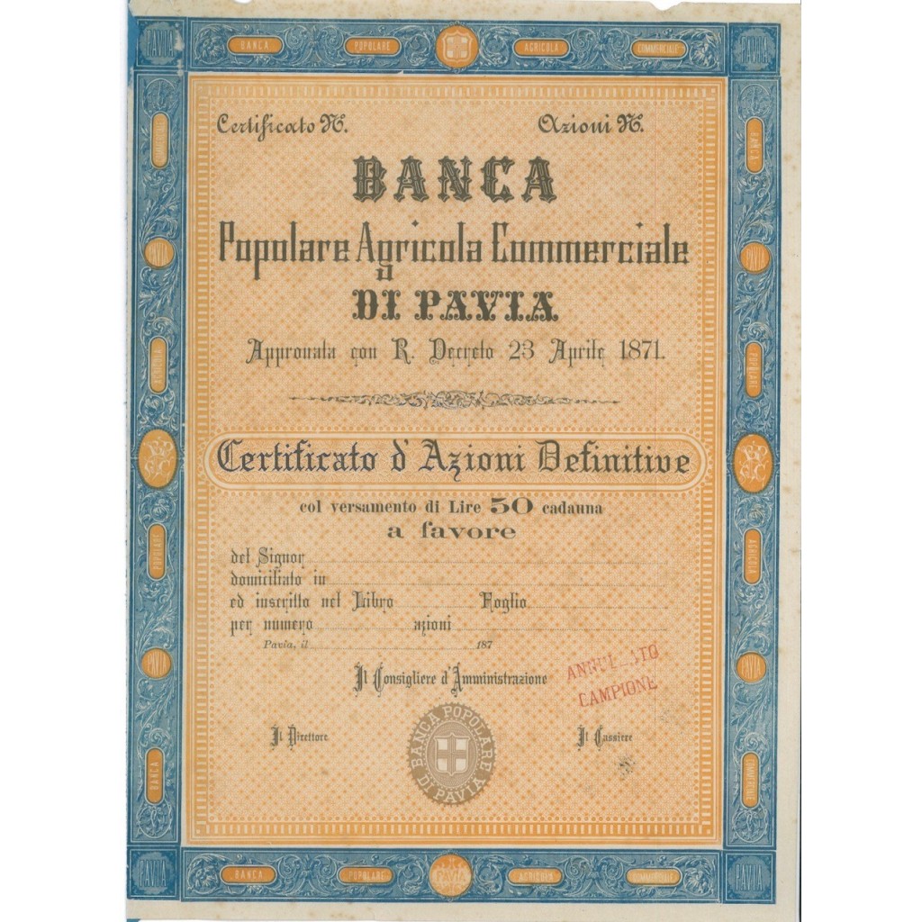 BANCA POP. AGRICOLA COMMERCIALE DI PAVIA - AZIONI 1871