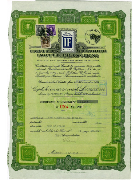 1947 - FABBRICA AUTOMOBILI ISOTTA FRASCHINI - 1 AZIONE - MILANO