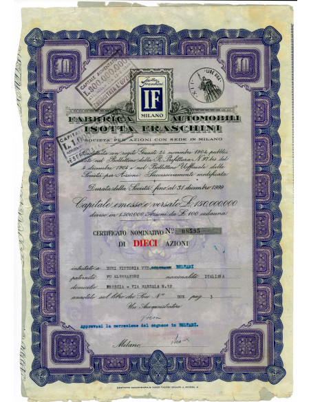 1942 - FABBRICA AUTOMOBILI ISOTTA FRASCHINI - 10 AZIONI - MILANO