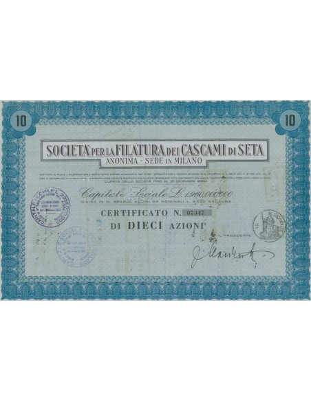 SOC. PER LA FILATURA DEI CASCAMI DI SETA 10 AZIONI MILANO