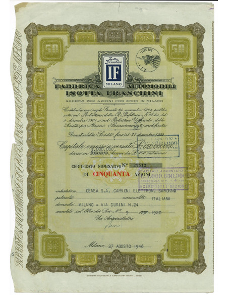 1946 - FABBRICA AUTOMOBILI ISOTTA FRASCHINI - 50 AZIONI - MILANO
