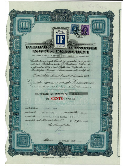 1947 - FABBRICA AUTOMOBILI ISOTTA FRASCHINI - 100 AZIONI - MILANO